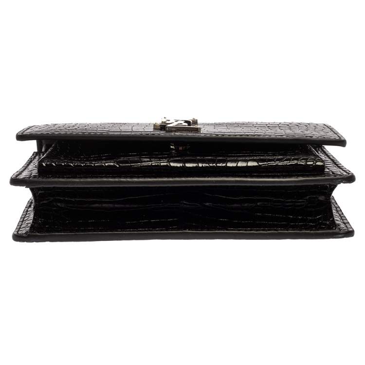 Pre Owned Saint Laurent Black Croc Embossed Leather Small Sunset Shoulder Bag