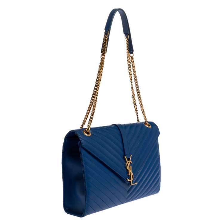 Pre Owned Saint Laurent Blue Matelasse Leather Large Cassandre Flap Bag