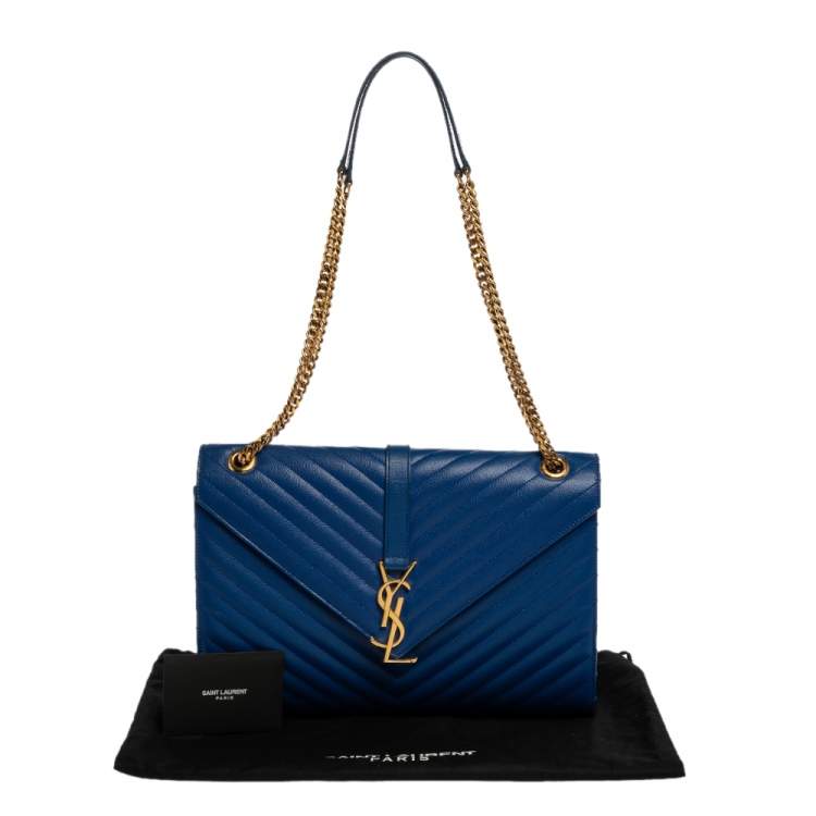 Pre Owned Saint Laurent Blue Matelasse Leather Large Cassandre Flap Bag