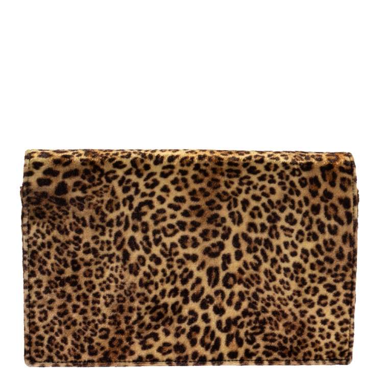 Pre Owned Saint Laurent Beige/Brown Leopard Print Velvet Wallet on Chain
