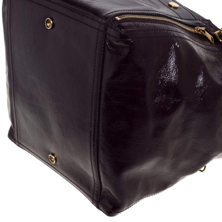 Pre Owned Yves Saint Laurent Purple Patent Leather Large Floral Applique Downtown Tote