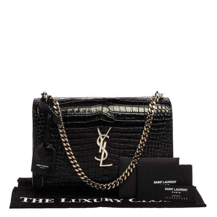 Pre Owned Saint Laurent Black Croc Embossed Leather Medium Sunset Shoulder Bag