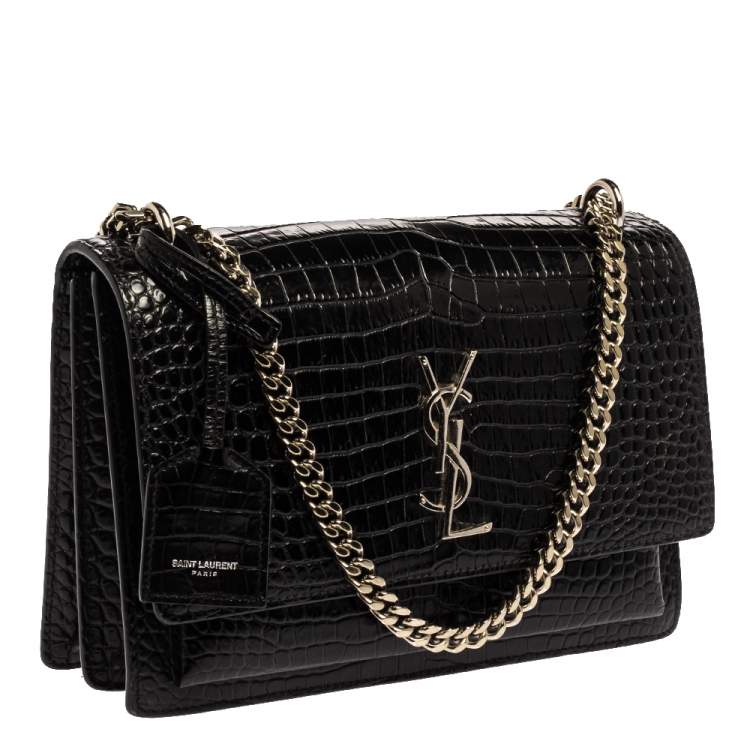 Pre Owned Saint Laurent Black Croc Embossed Leather Medium Sunset Shoulder Bag