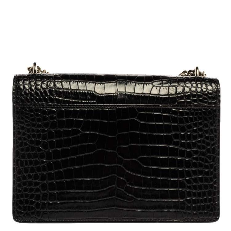 Pre Owned Saint Laurent Black Croc Embossed Leather Medium Sunset Shoulder Bag