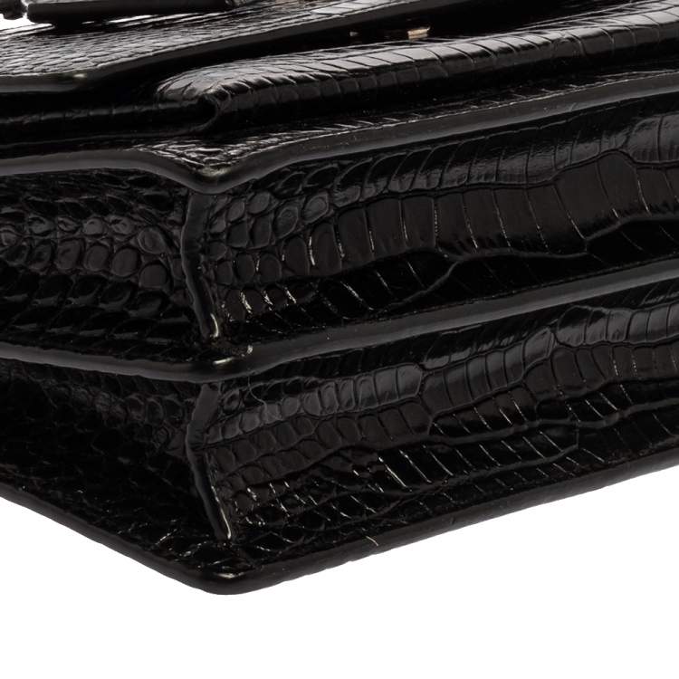 Pre Owned Saint Laurent Black Croc Embossed Leather Medium Sunset Shoulder Bag
