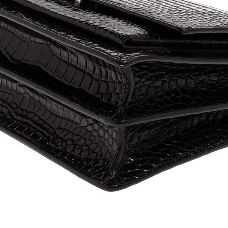 Pre Owned Saint Laurent Black Croc Embossed Leather Medium Sunset Shoulder Bag