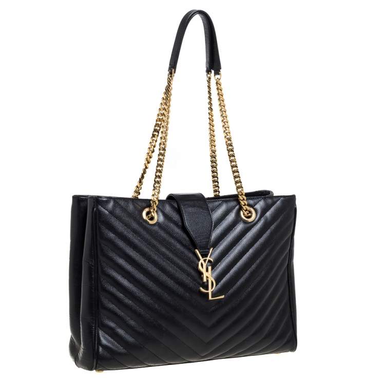 Pre Owned Saint Laurent Black Matelasse Leather Cassandre Shopper Tote