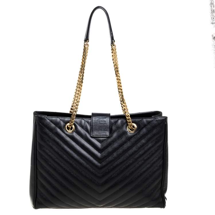 Pre Owned Saint Laurent Black Matelasse Leather Cassandre Shopper Tote