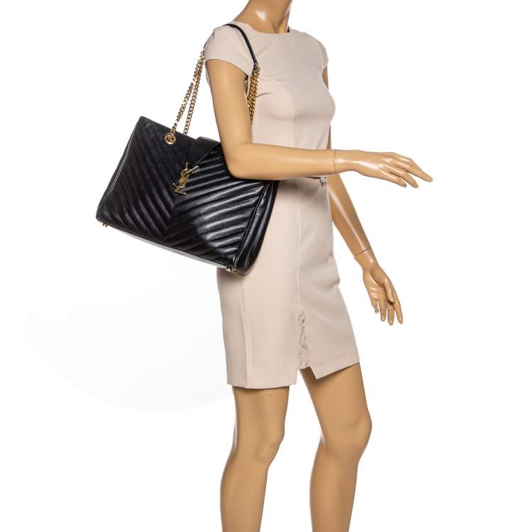 Pre Owned Saint Laurent Black Matelasse Leather Cassandre Shopper Tote