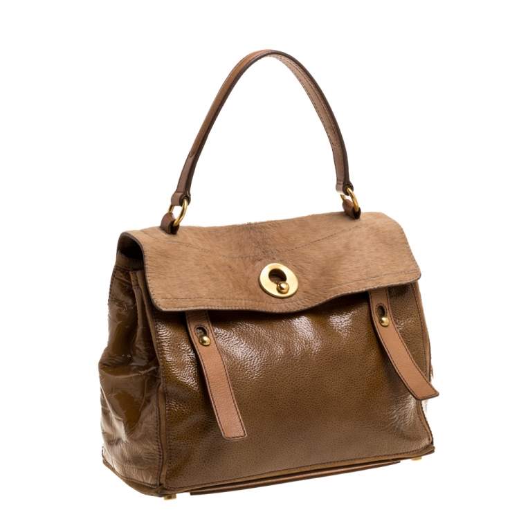 Pre Owned Yves Saint Laurent Tan Calfhair, Patent Leather and Suede Medium Muse Two Satchel
