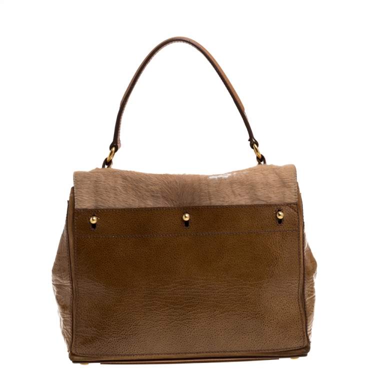 Pre Owned Yves Saint Laurent Tan Calfhair, Patent Leather and Suede Medium Muse Two Satchel