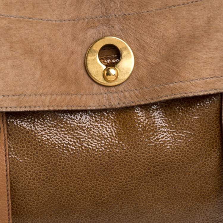 Pre Owned Yves Saint Laurent Tan Calfhair, Patent Leather and Suede Medium Muse Two Satchel