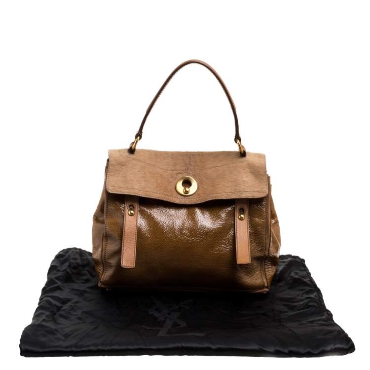 Pre Owned Yves Saint Laurent Tan Calfhair, Patent Leather and Suede Medium Muse Two Satchel