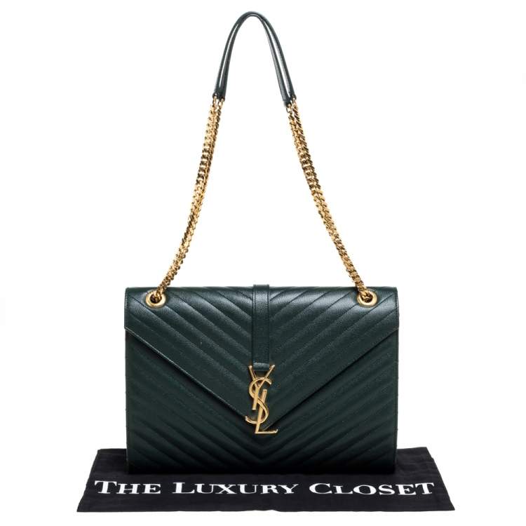 Pre Owned Saint Laurent Green Chevron Quilted Leather Monogram Envelope Shoulder Bag