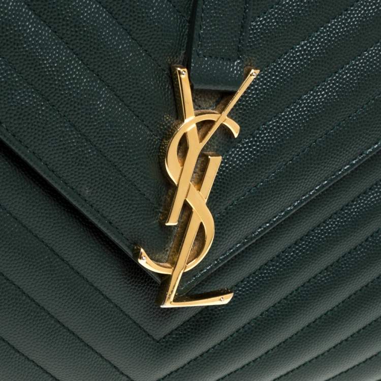 Pre Owned Saint Laurent Green Chevron Quilted Leather Monogram Envelope Shoulder Bag