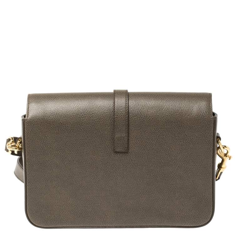 Pre Owned Saint Laurent Green Khaki Leather Medium Monogram Université Flap Shoulder Bag