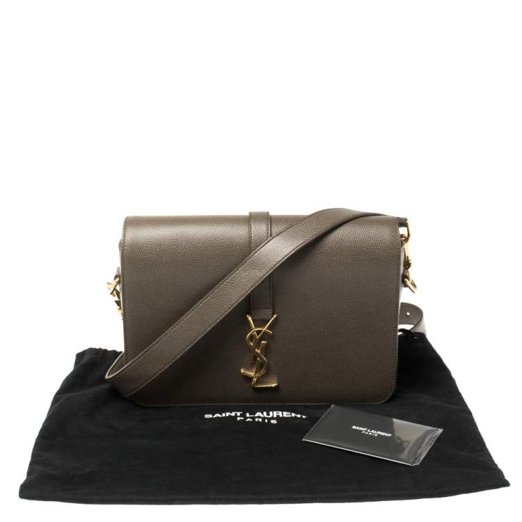 Pre Owned Saint Laurent Green Khaki Leather Medium Monogram Université Flap Shoulder Bag