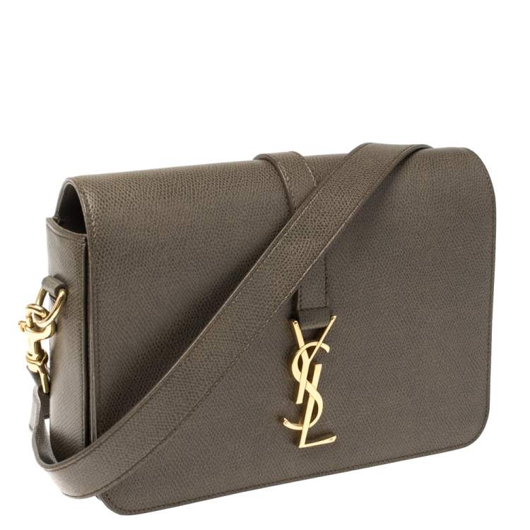 Pre Owned Saint Laurent Green Khaki Leather Medium Monogram Université Flap Shoulder Bag