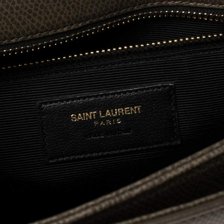 Pre Owned Saint Laurent Green Khaki Leather Medium Monogram Université Flap Shoulder Bag