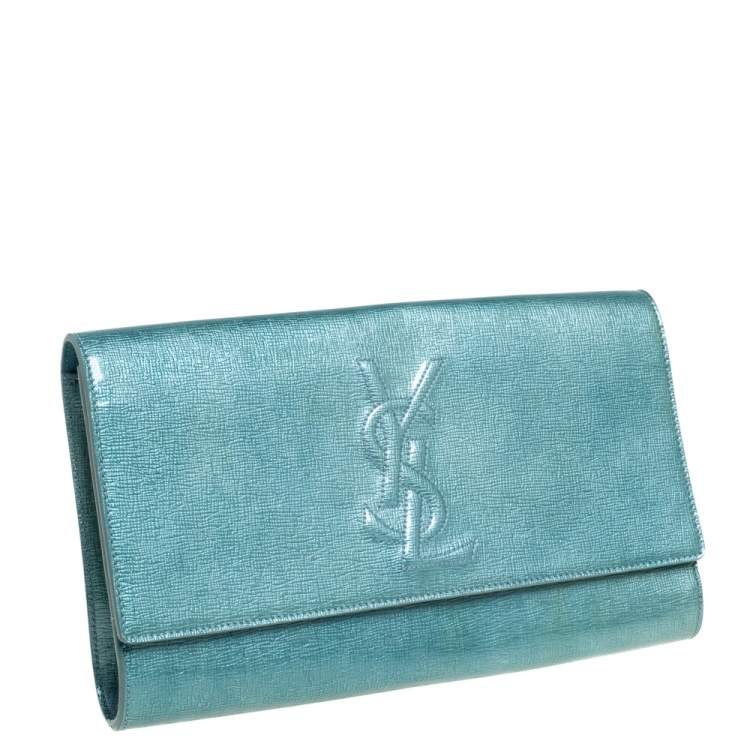 Pre Owned Saint Laurent Mint Green Patent Leather Belle De Jour Flap Clutch