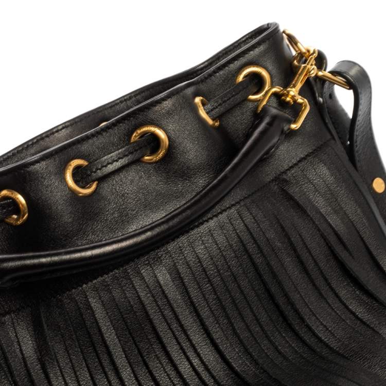 Pre Owned Saint Laurent Black Leather Small Emmanuelle Fringed Bucket Bag