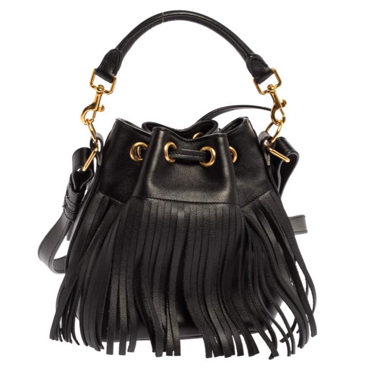 Pre Owned Saint Laurent Black Leather Small Emmanuelle Fringed Bucket Bag