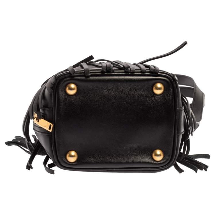 Pre Owned Saint Laurent Black Leather Small Emmanuelle Fringed Bucket Bag