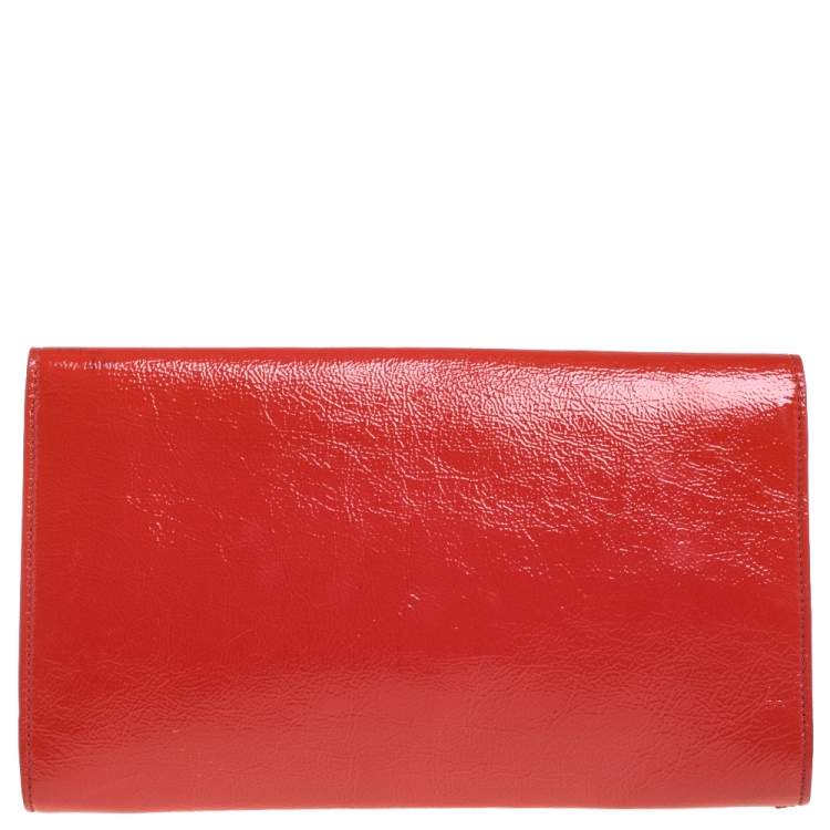Pre Owned Yves Saint Laurent Orange Patent Leather Belle De Jour Flap Clutch