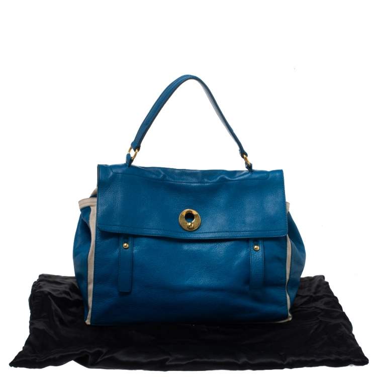 Pre Owned Saint Laurent Blue/Ivory Leather and Canvas Large Muse Two Bag