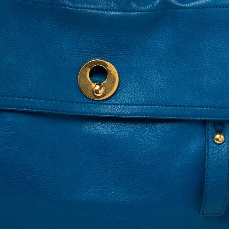 Pre Owned Saint Laurent Blue/Ivory Leather and Canvas Large Muse Two Bag