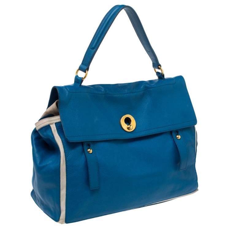 Pre Owned Saint Laurent Blue/Ivory Leather and Canvas Large Muse Two Bag