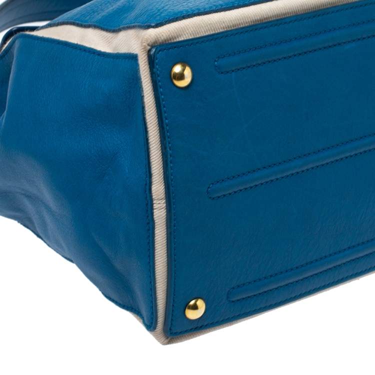 Pre Owned Saint Laurent Blue/Ivory Leather and Canvas Large Muse Two Bag