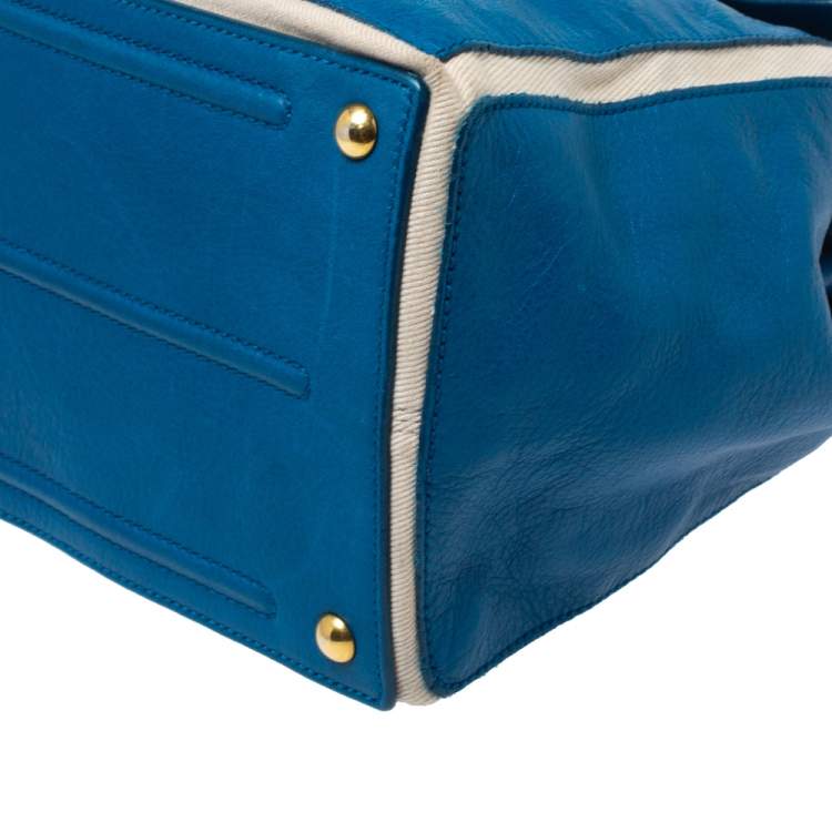Pre Owned Saint Laurent Blue/Ivory Leather and Canvas Large Muse Two Bag