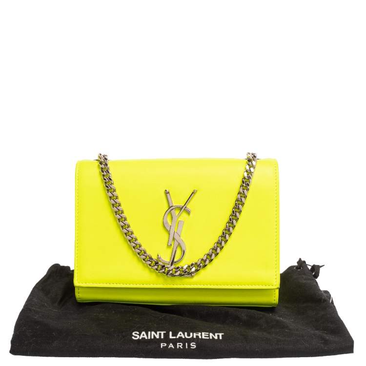 Pre Owned Saint Laurent Neon Green Leather Small Monogram Kate Shoulder Bag