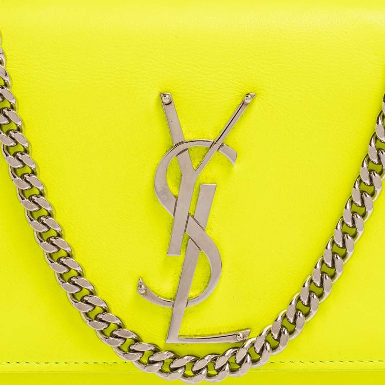 Pre Owned Saint Laurent Neon Green Leather Small Monogram Kate Shoulder Bag