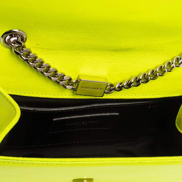 Pre Owned Saint Laurent Neon Green Leather Small Monogram Kate Shoulder Bag