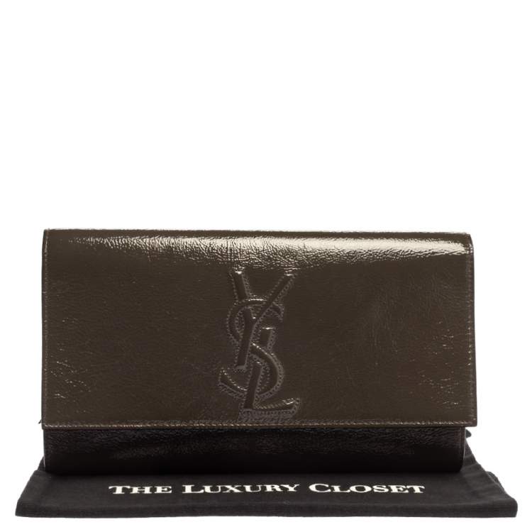 Pre Owned Yves Saint Laurent Khaki Patent Leather Belle De Jour Flap Clutch