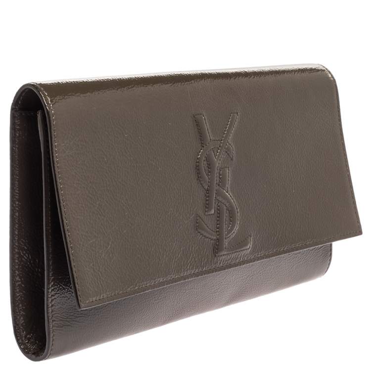 Pre Owned Yves Saint Laurent Khaki Patent Leather Belle De Jour Flap Clutch