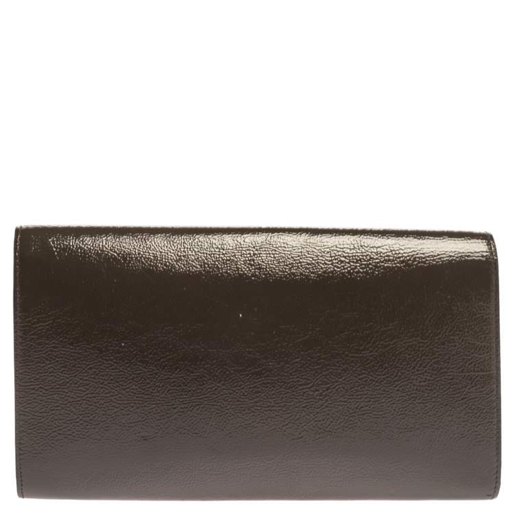 Pre Owned Yves Saint Laurent Khaki Patent Leather Belle De Jour Flap Clutch