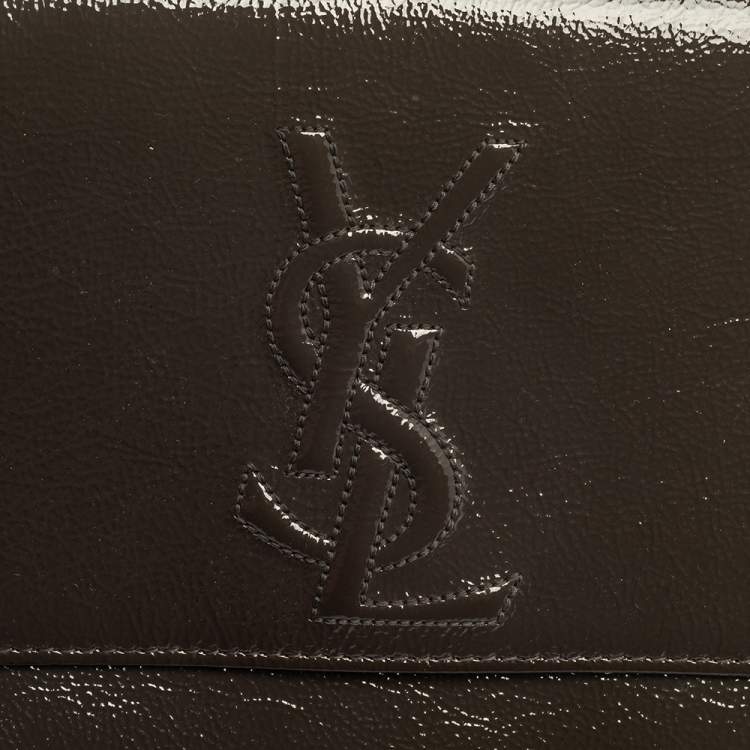Pre Owned Yves Saint Laurent Khaki Patent Leather Belle De Jour Flap Clutch