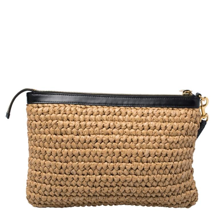 Pre Owned Saint Laurent Beige/Black Straw and Leather Wristlet Clutch