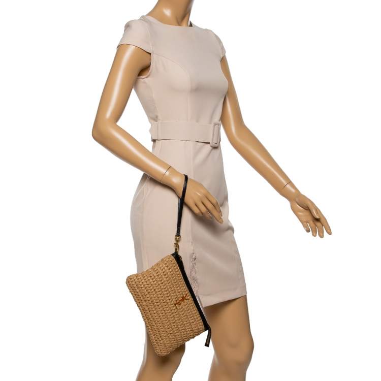 Pre Owned Saint Laurent Beige/Black Straw and Leather Wristlet Clutch