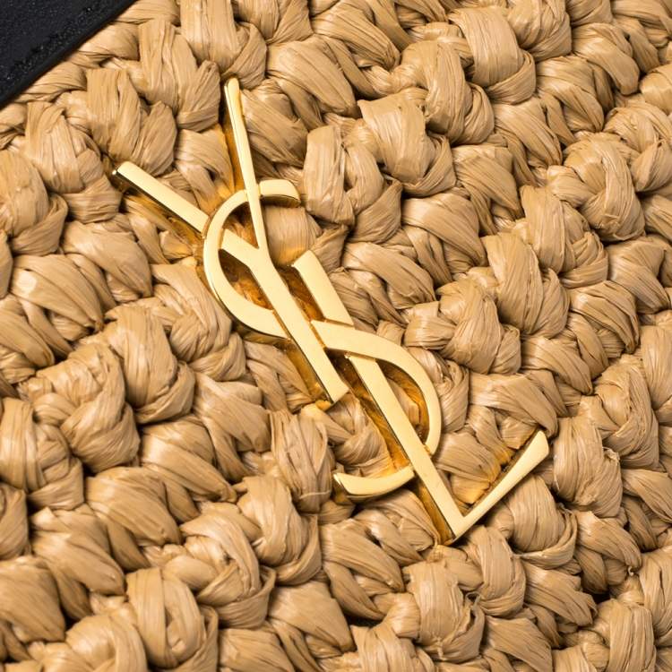 Pre Owned Saint Laurent Beige/Black Straw and Leather Wristlet Clutch