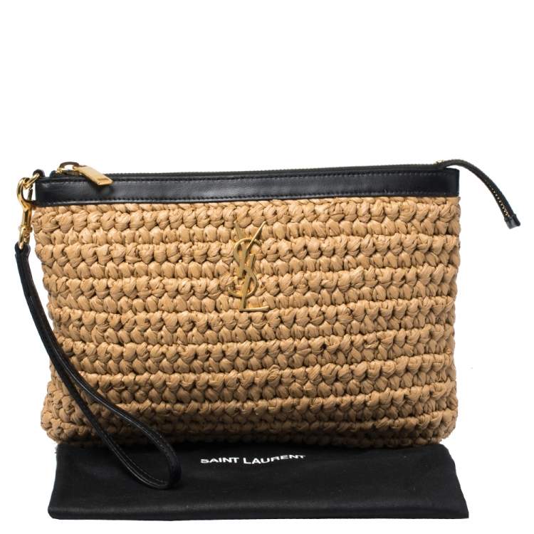 Pre Owned Saint Laurent Beige/Black Straw and Leather Wristlet Clutch