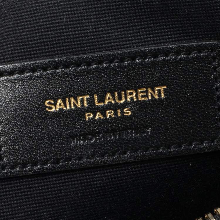 Pre Owned Saint Laurent Beige/Black Straw and Leather Wristlet Clutch