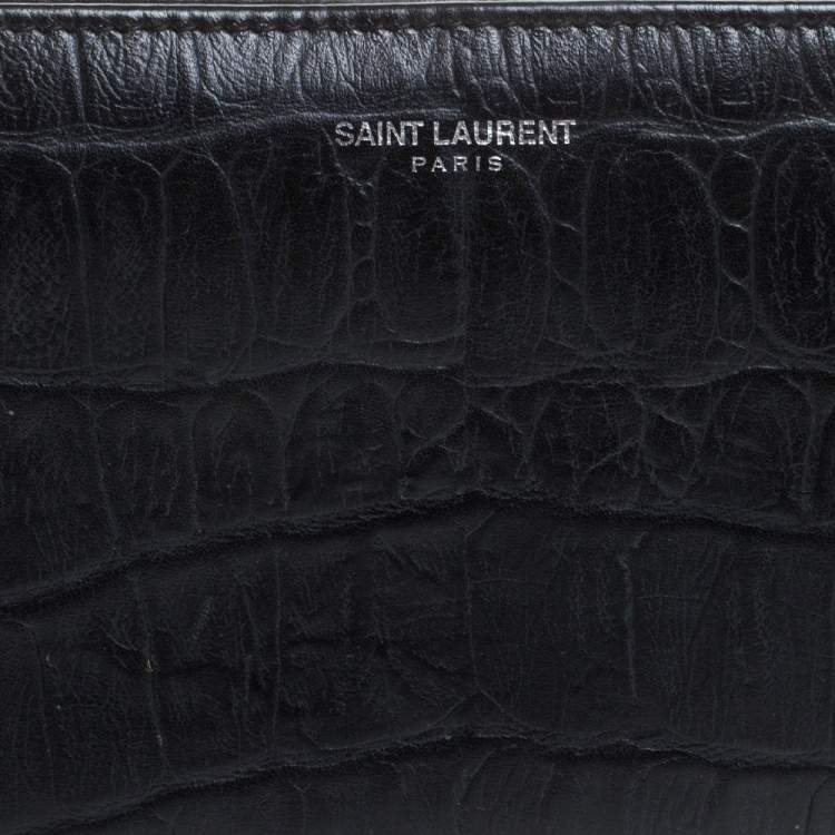 مملوكة مسبقًا Saint Laurent Black Croc Embossed Leather Classic Zip Around Wallet