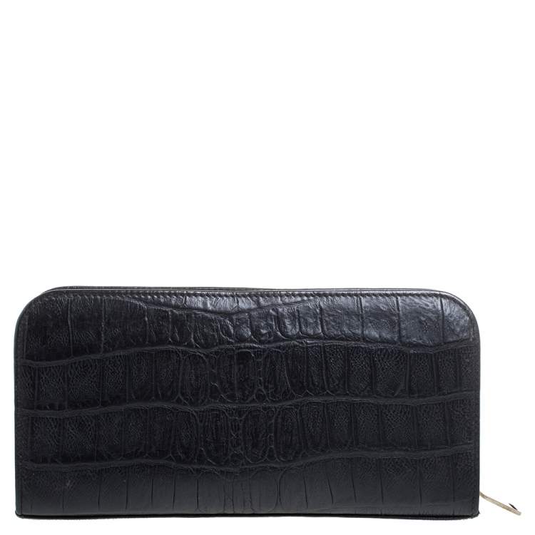 مملوكة مسبقًا Saint Laurent Black Croc Embossed Leather Classic Zip Around Wallet