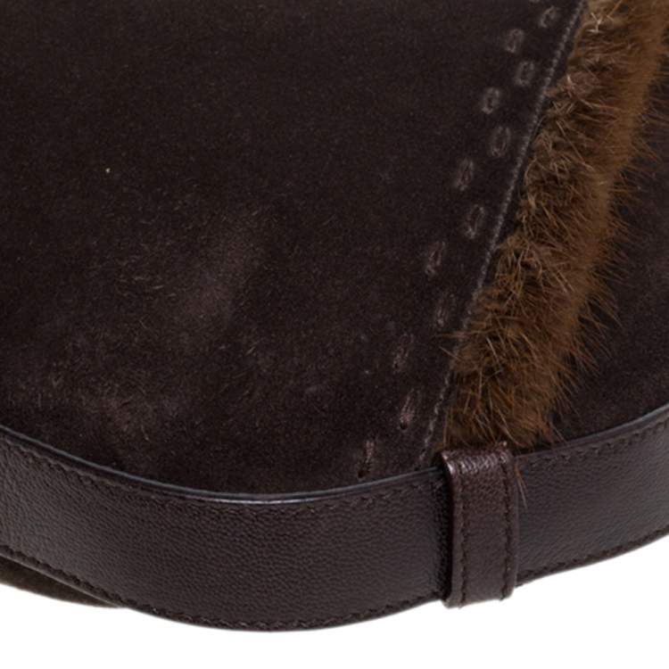 Pre Owned Yves Saint Laurent Dark Brown Suede and Fur Mombasa Hobo