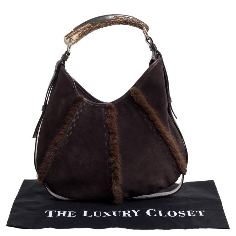 Pre Owned Yves Saint Laurent Dark Brown Suede and Fur Mombasa Hobo