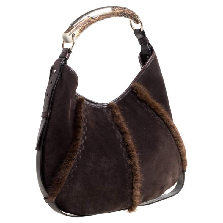 Pre Owned Yves Saint Laurent Dark Brown Suede and Fur Mombasa Hobo